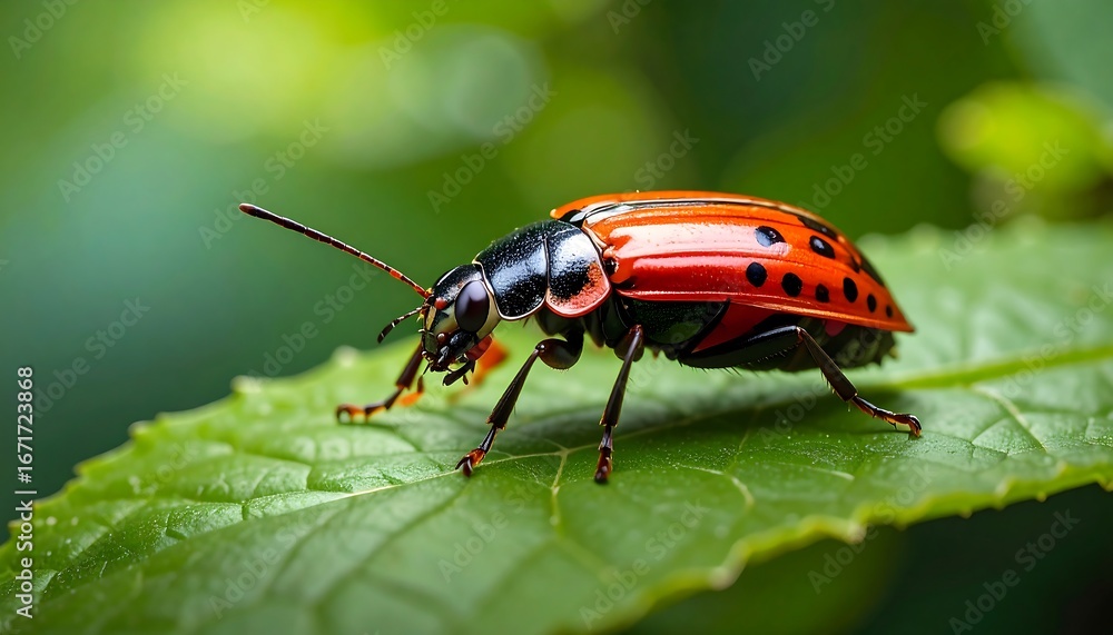 Naklejka premium A detailed close-up of a colorful beetle resting on a vibrant green leaf, showcasing intricate patterns and textures.