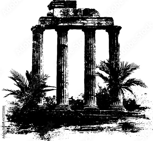 Grunge black and white illustration of ancient ruins with column architecture for art and design