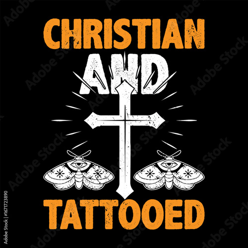 Christian and Tattooed Bold Typography Design with Cross and Moth Illustrations on Black Background