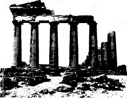 Grunge black and white illustration of ancient ruins for historical design and vintage art
