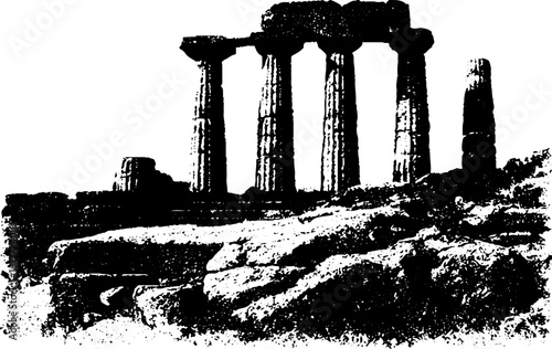 Ancient ruins silhouette in black and white grunge style for vintage art design