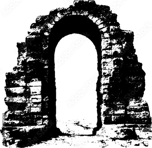 Grunge black and white illustration of ancient stone archway for vintage urban design