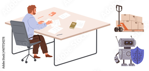 Man working on paperwork at desk with files, packages on a pallet jack, and robot holding shield. Ideal for logistics, office work, technology, warehouse management, automation AI security. A