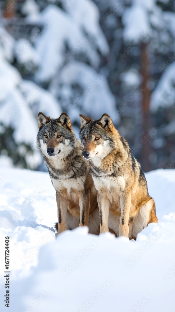 Fototapeta premium Two wolves sit attentively in a snowy winter landscape, their postures suggesting alertness and anticipation.