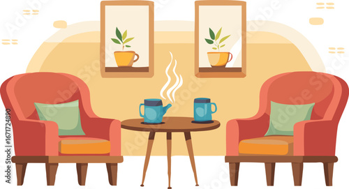 A table with a cup of tea flanked by two chairs, suggesting a welcoming space for conversation.