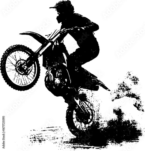 Dynamic black and white biker performing stunt in urban grunge style for vintage design