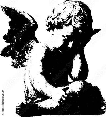 Grunge black and white angel silhouette illustration with distressed texture