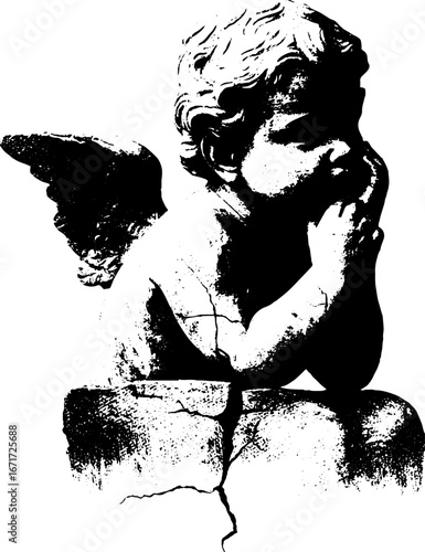 Grunge black and white angel sculpture with broken stone design for urban art