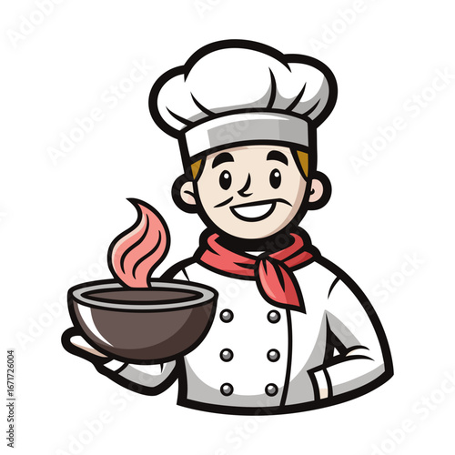 Vector Illustration of Friendly Chef Serving Hot Steaming Soup Bowl Perfect for Culinary, Restaurant, Kitchen, and Cooking Designs