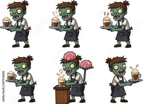Cute zombie barista character serving coffee, cartoon illustration, funny coffee shop theme, undead waiter, brain coffee, spooky café worker, Halloween, fantasy art, humor.