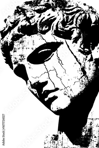 Grunge black and white illustration of a broken marble statue head for artistic design