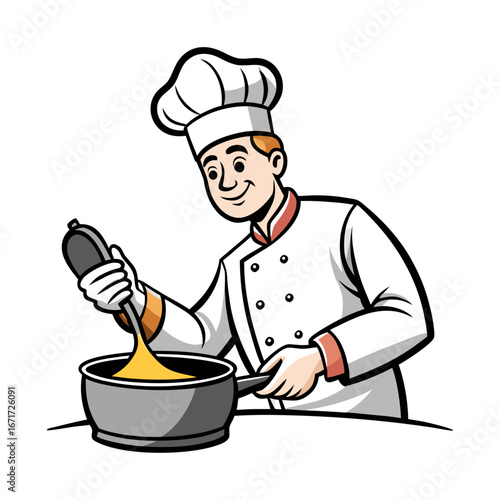 Vector Illustration of Chef Pouring Pancake Batter into Pan, Cooking Breakfast, Culinary Art, Kitchen Preparation, Delicious Homemade Recipe Concept