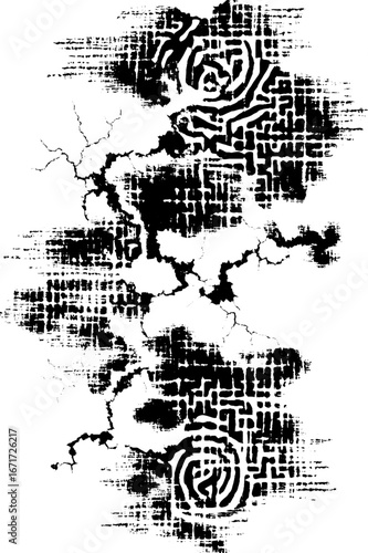 Grunge black and white illustration of broken spiral design for urban art and posters