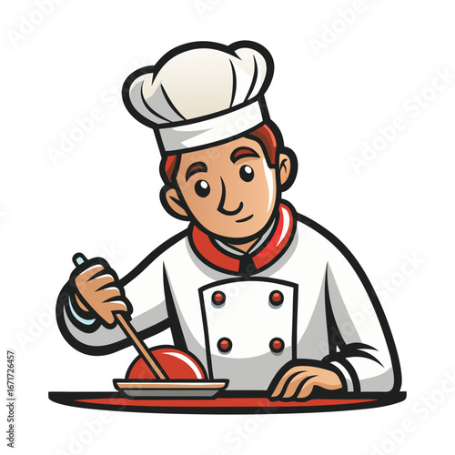 Professional chef carefully plating gourmet dish with precision tweezers, elegant culinary presentation, fine dining artistry, kitchen mastery vector illustration