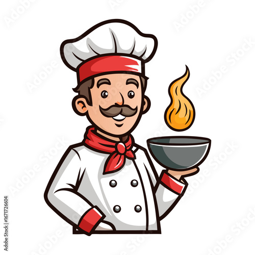 Vector Illustration of Friendly Chef Serving Hot Steaming Soup Bowl Perfect for Culinary, Restaurant, Kitchen, and Cooking Designs