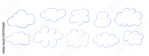 Cute childlike cloud collection. Crayon and chalk pastel doodle icons of clouds. Hand drawn elements with grunge texture isolated vector