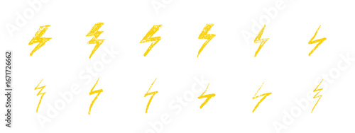Set of lightning bolts doodle collection. Hand drawn chalk and wax pencil thunder icons, glowing flash signs, graffiti style weather symbols. Vector illustration isolated