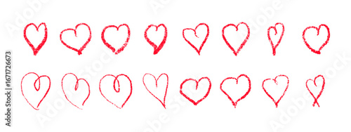 Red crayon chalk heart doodles. Scribble hand drawn Valentine icons and romantic love shapes in grunge style. Cute sketch vector illustration isolated on white background