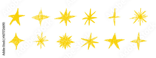 Cute wax crayon stars drawn kid's style. Kindergarten chalk pencil element. Grunge textured star set isolated on white background
