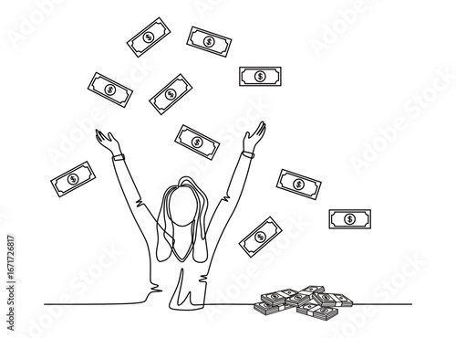 Continuous line art of a young woman happily raising her hands with lots of dollar bills on them. and wads of cash beside her. bonus income. throwing bills up. success. vector illustration