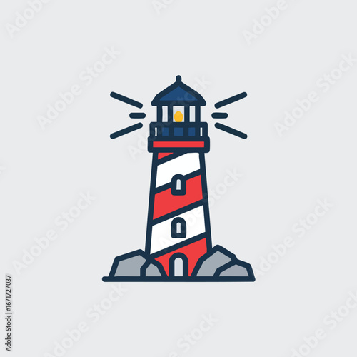 Cartoon Lighthouse with Red and White Stripes on Rocky Base.