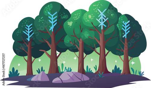An illustration of a serene forest featuring tall trees and scattered rocks among lush greenery.
