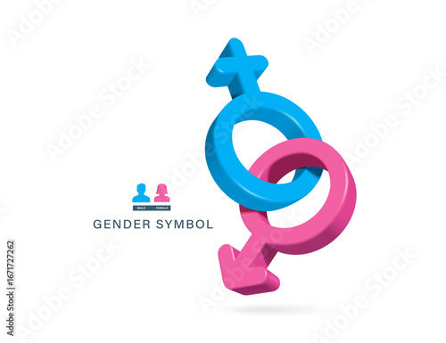 Male and female gender icons or symbols or logo are linked and floating in mid-air and all on a white background, vector 3d illustration isolated for advertising design