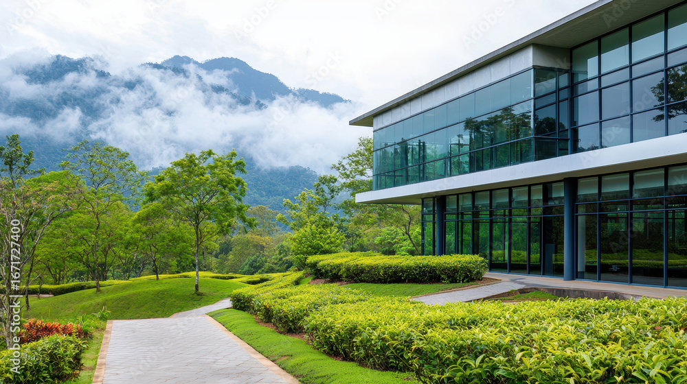 Obraz premium Modern architecture blends with nature in this serene landscape featuring glass building surrounded by lush greenery and mountains