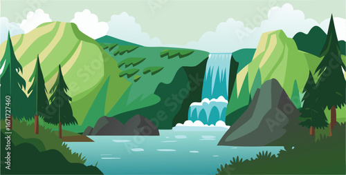 Cartoon illustration of a waterfall cascading down rocky mountains, surrounded by lush greenery and a clear blue sky.