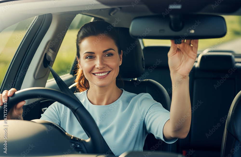 Obraz premium Left hand adjusts mirror, right hand holds steering wheel.