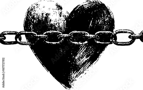 Grunge black and white heart chained illustration for urban design