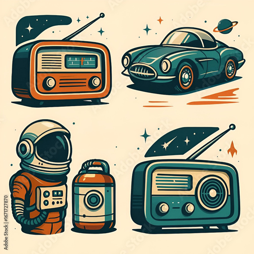 Retro Illustration with Radios, Classic Car and Astronaut Figure
