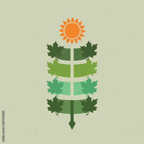 Stylized Plant with Maple Leaves and Sun.