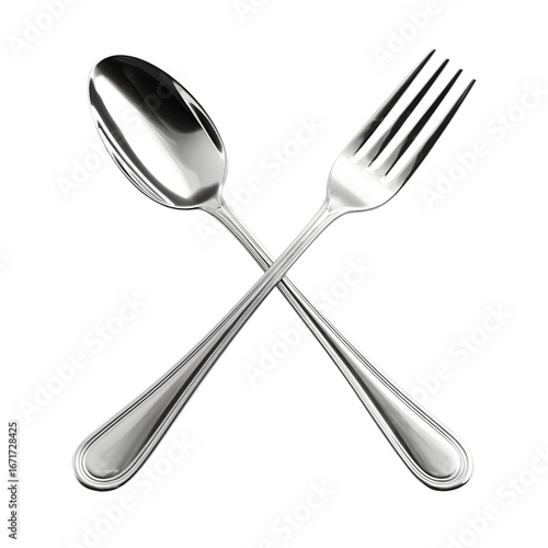 Shiny silver spoon and fork crossed together isolated on transparent background
