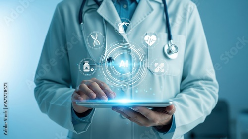 A doctor in teal lab coat holding tablet with circular holographic ai text and surrounded by glowing icons of healthcare, futuristic ai healthcare, medical technology