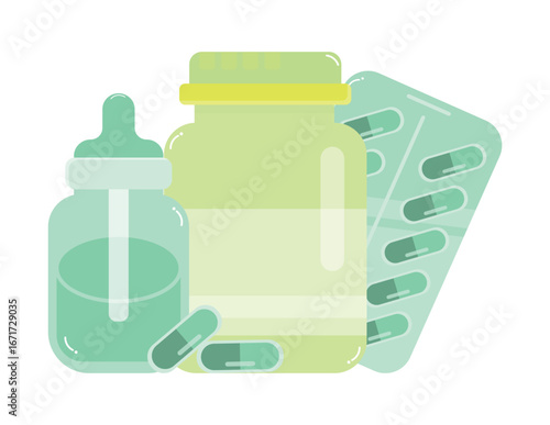 Vector illustration of medicine bottle, baby milk bottle, blister pack with capsules, in flat design style. Concept of healthcare, pharmacy, supplements, vitamins, and baby nutrition. Suitable for med