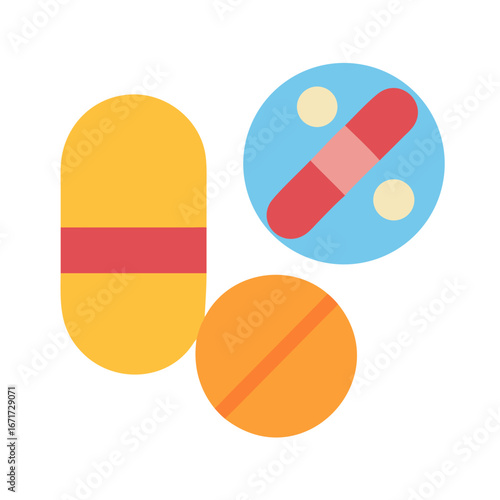 Illustration of three distinct medication pills over black background