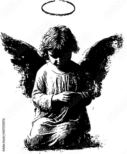 Grunge black and white christmas angel kneeling with halo for holiday design