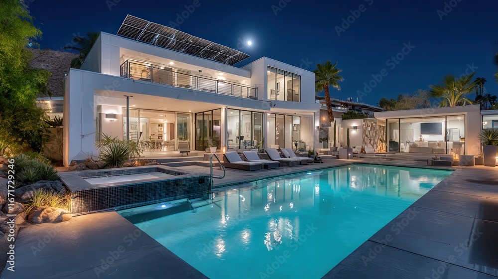 Fototapeta premium Vibrant photo of night view of a beautiful white house with solar panels and a swimming pool.