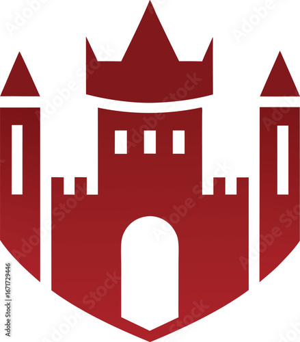 A castle topped with a prominent red crown, symbolizing royalty and grandeur against a clear blue sky.
