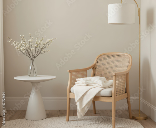 Cozy corner with a rattan armchair, soft blanket, and delicate white flowers creating a tranquil and inviting modern living space