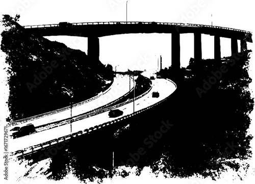 Grunge black and white urban city overpass with vintage aesthetic for posters