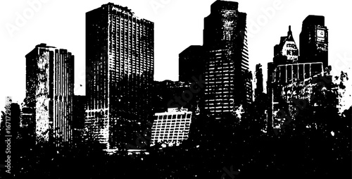 Black and white grunge city skyline for urban design and posters
