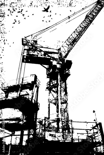 Urban construction scene with tower crane and birds in grunge black and white design