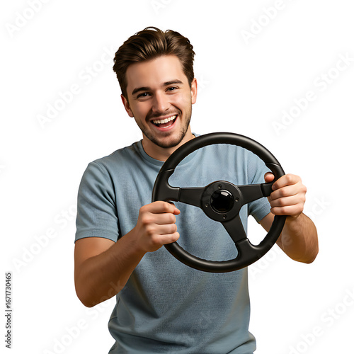 Young man smiling while holding and turning a car steering wheel transparent PNG, driving gesture clipart