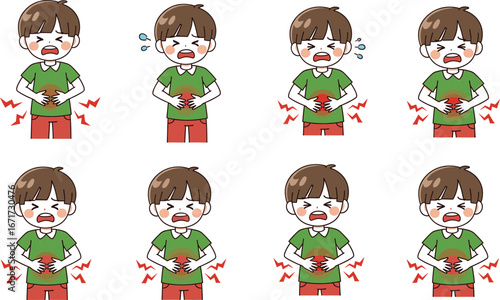 Cartoon boy, stomach pain, abdominal cramps, digestive issue, pediatric illness, bellyache, medical illustration, child health, upset stomach, healthcare concept