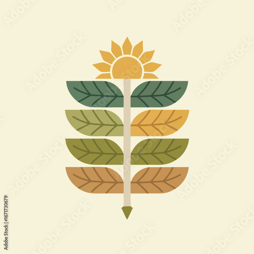 Stylized Autumnal Sunflower with Layered Leaves.