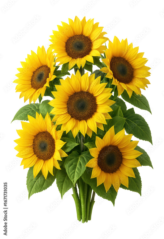 Fototapeta premium Sunflower bouquet with large yellow petals and green foliage