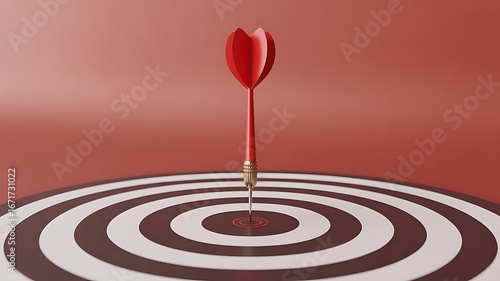 A single red dart lands perfectly in the bullseye center, a powerful metaphor for business success, achieving goals, precision marketing strategy, and hitting the target audience