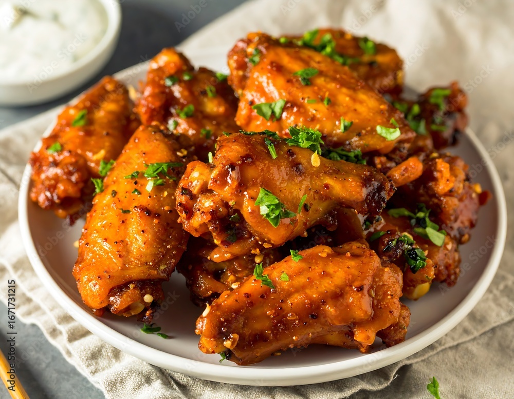 Fototapeta premium A plate piled high with crispy, flavorful chicken wings, generously garnished with fresh herbs.